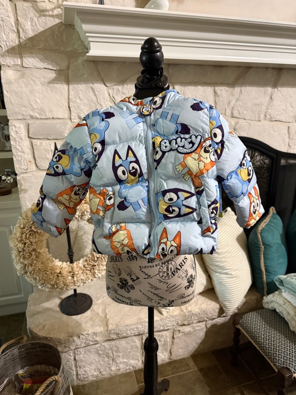 Blue Character Hooded Puffer Jacket for Kids